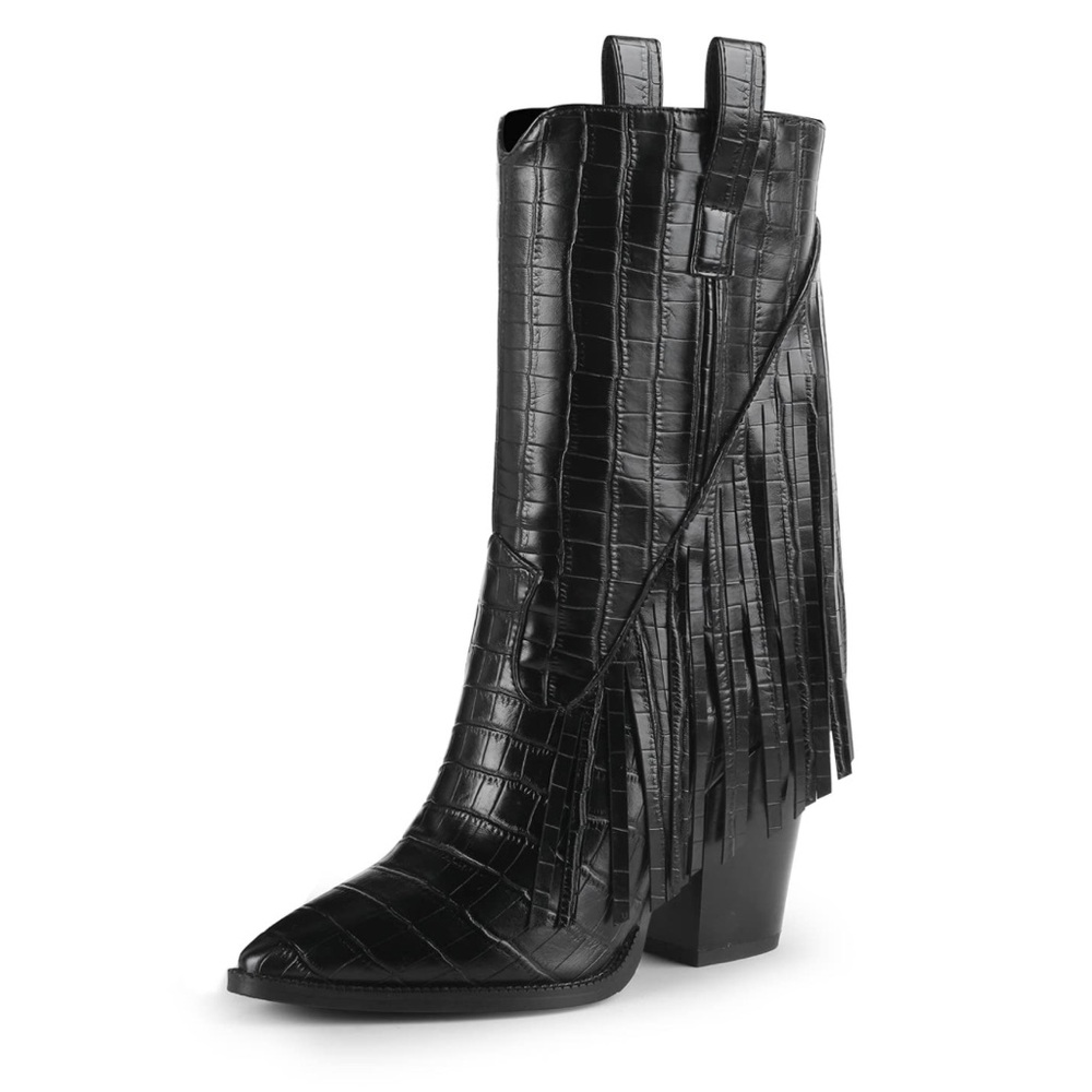 Isnom Boots Black Croc-Embossed Faux Leather Women's Fringe Heels Shoes 7